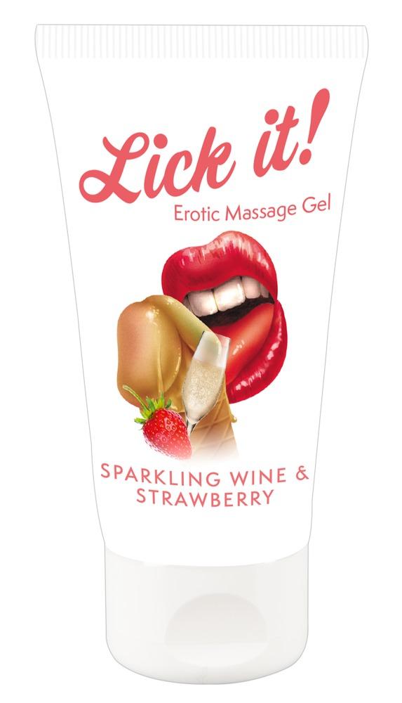 Gel Erotic Massage Gel Sparkling Wine And Strawberry Med Jordbær Og Champagne Aroma fra Lick It!