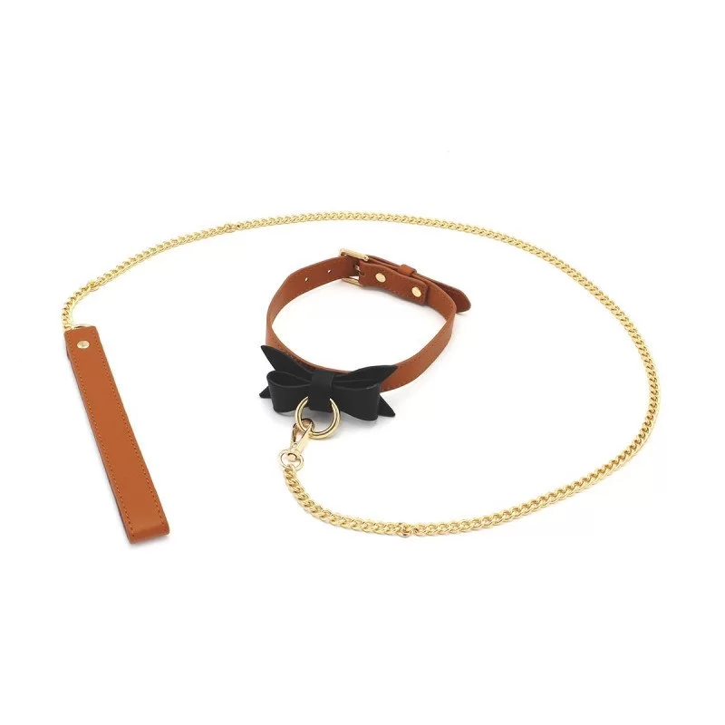 Brown Leather Bow Tie Collar & Leash fra Kiotos